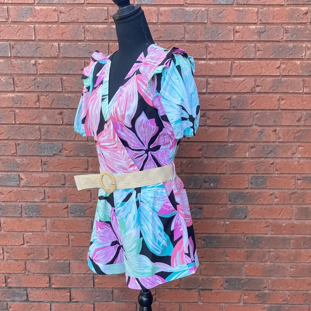 NWT Floral Wrap Romper in Pink, Aqua & Black L - Picture 5 of 14